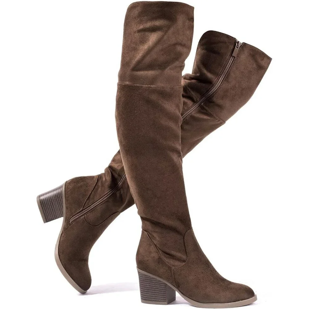 Women's Brown Thigh High Boots Stacked Block Heel Over The Knee Boots Rubber